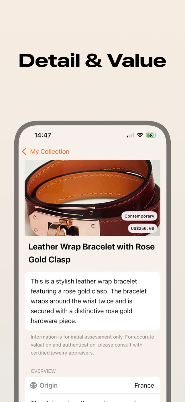 AI Jewelry showing a leather wrap bracelet with a rose gold clasp, its description and estimated value