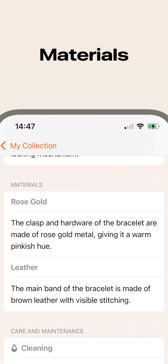 Materials: rose gold and leather